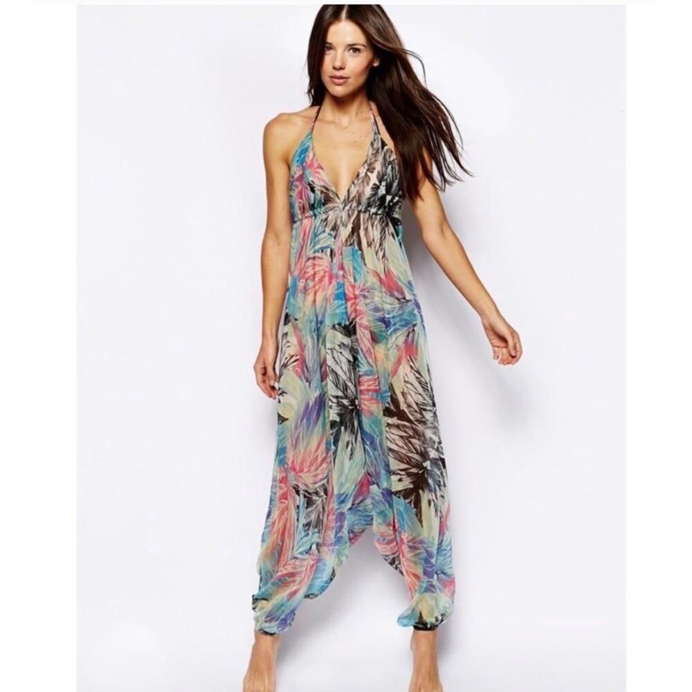 ASOS sheer blue tropical floral swim coverup jumpsuit plunge neck open low back - Picture 5 of 6